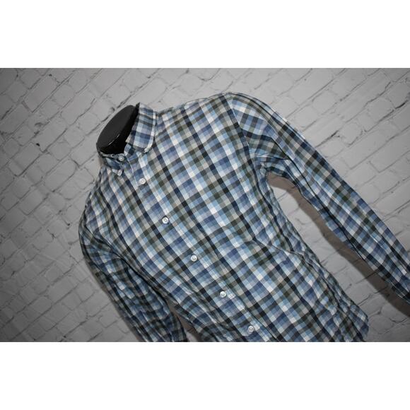 J Crew Dress Shirt Button Up Men Size Large Flex Washed Slim Fit Blue Plaids - Picture 1 of 5